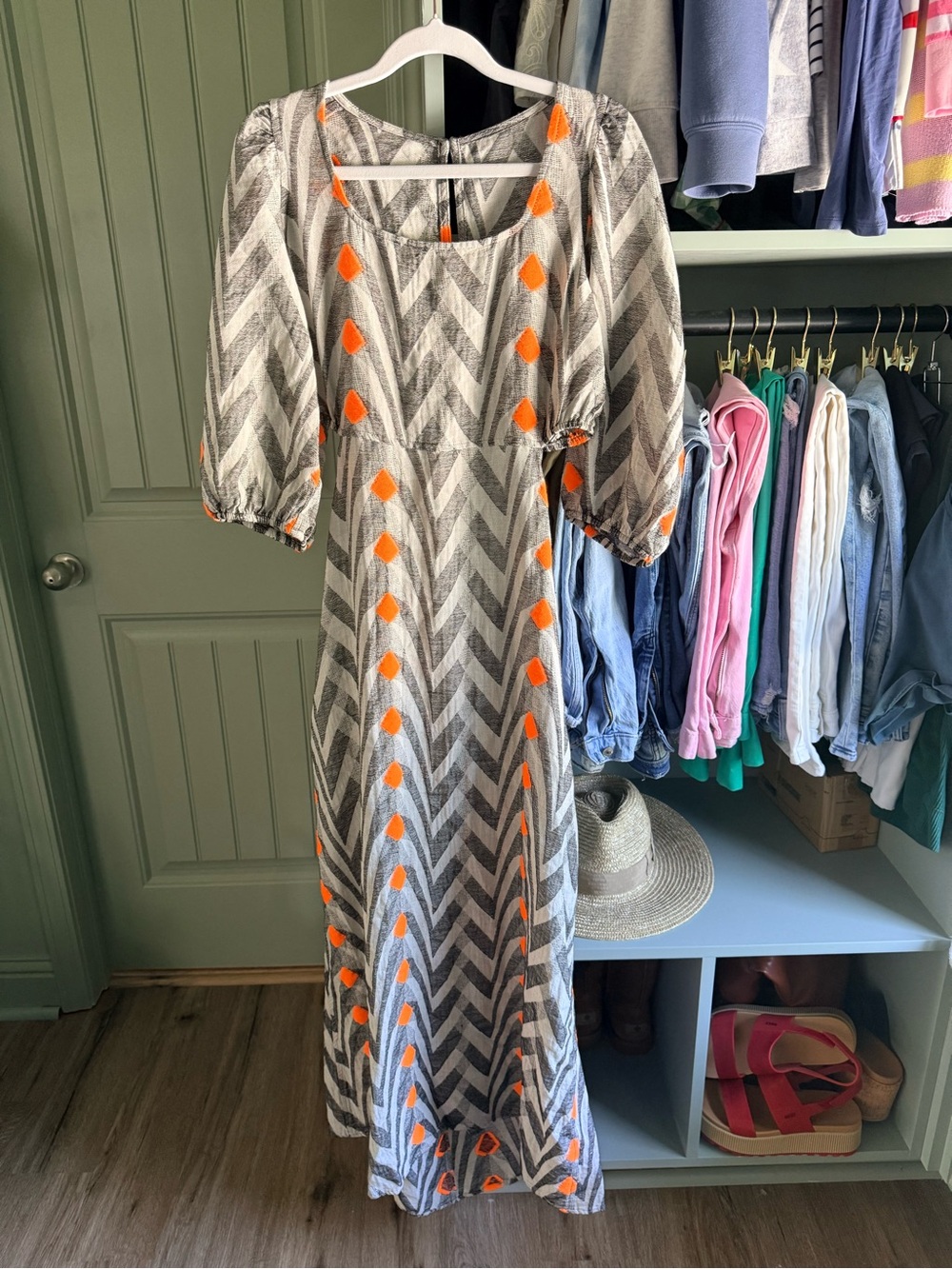 NEMA Resort Wear Gray Chevron Maxi Dress with Orange Accents